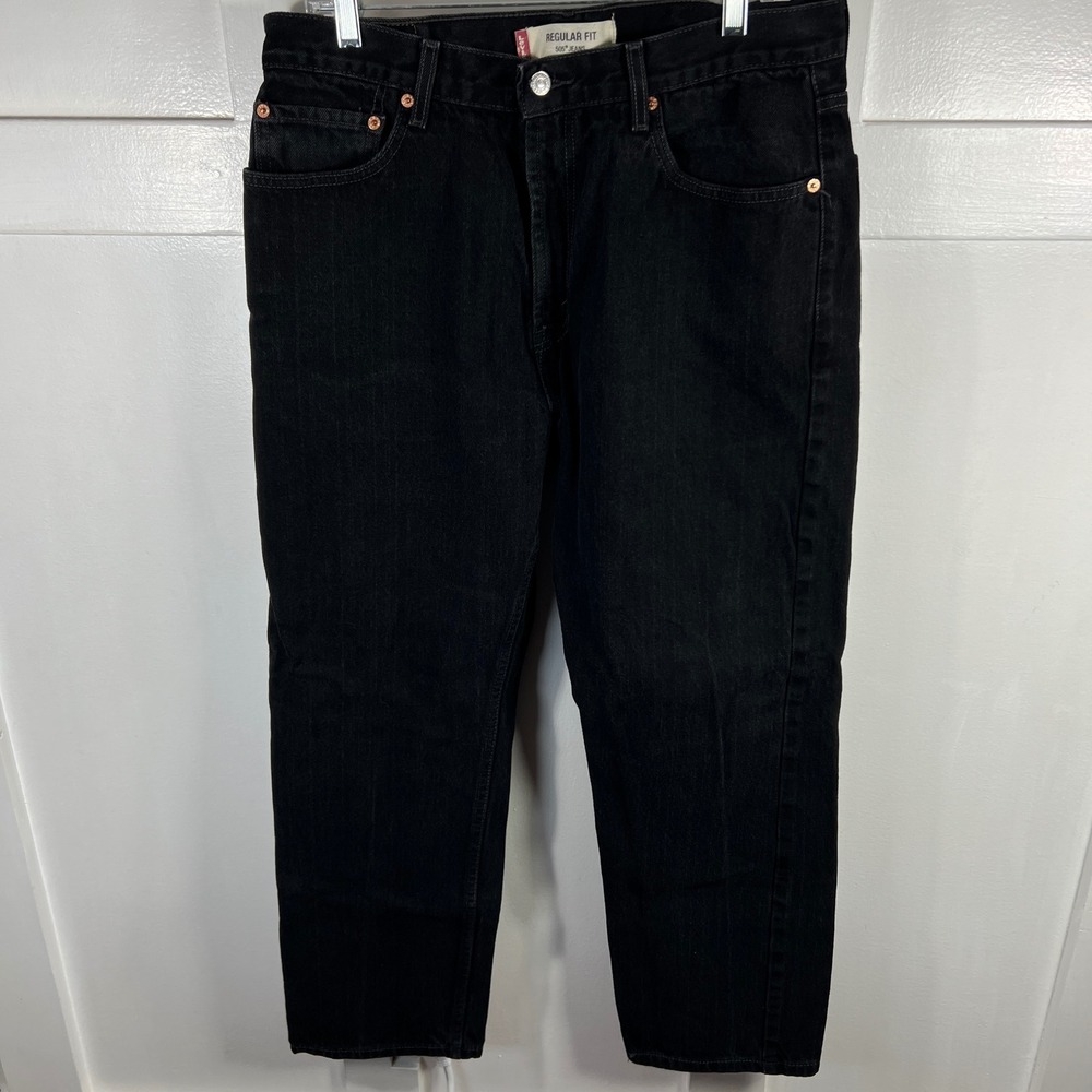 Levis 505 Regular Fit Black Denim Jeans Mens 36x30 Straight Leg 100% Cotton